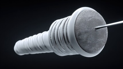 Abstract White Cylindrical Structure with Metal Mesh and Silver Rod on Black Background