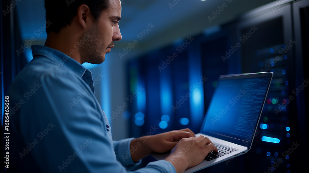 Poster a technician in a server room checking data security laptop open with coding interface visible glowi