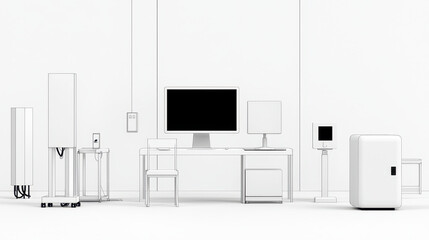 Fototapeta premium Minimalistic line drawing of various electronic devices including computer, monitor, and appliances in clean, modern workspace