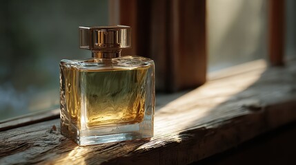 Elegant perfume bottle with golden liquid on a rustic wooden surface. Use for fragrance ads, beauty blogs, or luxurious product presentations.