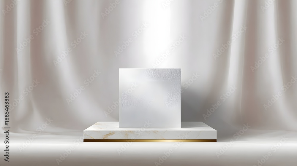 Poster elegant white cube on a luxurious marble podium with a golden accent set against a soft draped fabri