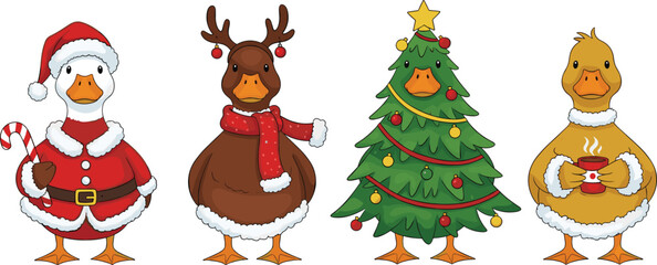 Christmas ducks, Santa costume, reindeer outfit, Christmas tree duck, winter drink, festive cartoon birds, holiday theme, cad drawing, flat vector illustration