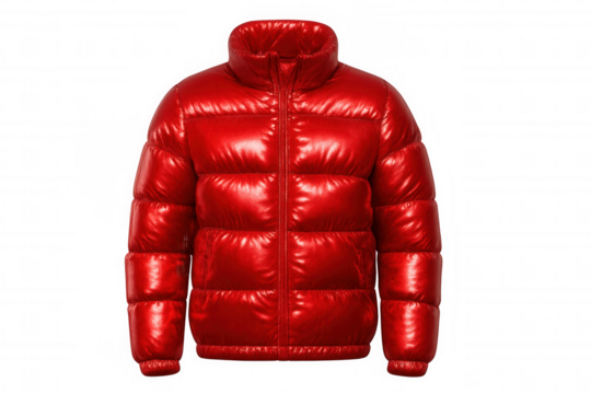 Red winter puffer jacket isolated on transparent background, perfect for staying warm in style