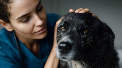 A compassionate veterinarian in blue scrubs gently comforts a senior black dog offering reassurance and care during a clinic visit