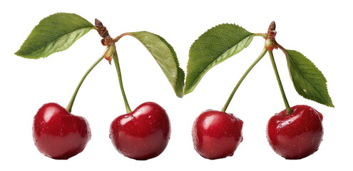 Three pairs of ripe cherries with leaves