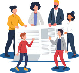 Diverse team of professionals collaborating around a large document, project plan. Vector illustration.