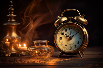 Vintage gold alarm clock with candle burning in the dark