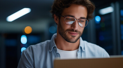 A technician in a server room checking data security laptop open with coding interface visible glowing servers reflecting on glasses atmosphere symbolizing cybersecurity