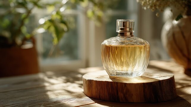 Elegant perfume bottle is displayed on a wooden stand in sunlight. Use this for beauty blogs, fragrance ads, or personal care product shots.