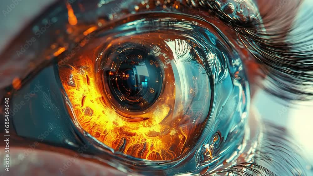 Poster futuristic bionic eye showing a burning iris and digital display