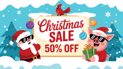 Christmas sale banner with santa claus and pig wearing sunglasses holding gift boxes in winter holiday illustration
