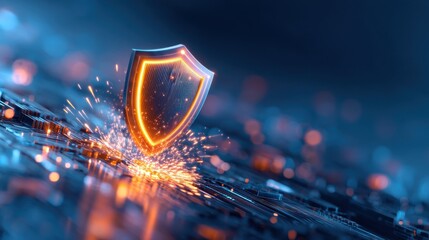 A digital shield emits sparks against a vibrant blue background, symbolizing cybersecurity and protection in a tech-oriented environment.