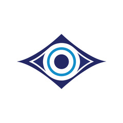 Blue and white abstract eye shape with concentric circles graphic