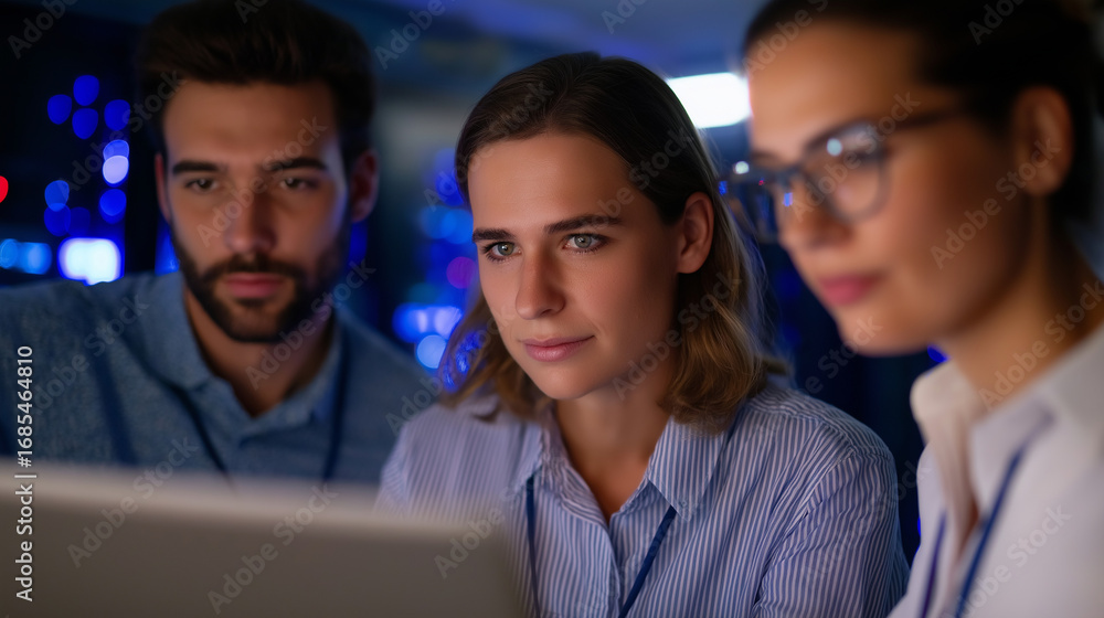 Poster a team of technicians collaborating on a laptop in a server room serious expressions focused on the 