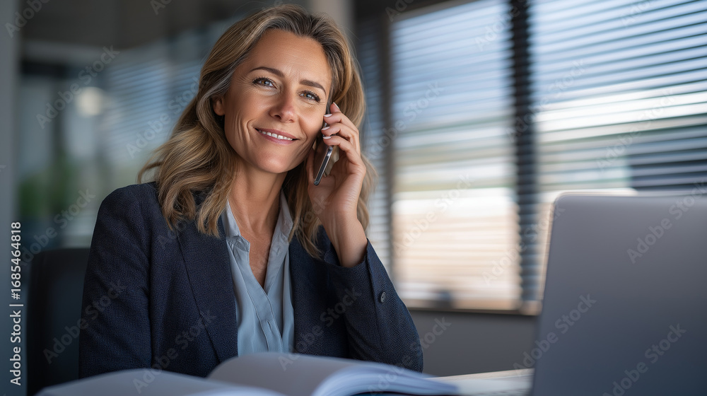 Poster a professional businesswoman using a cellphone in an office sitting at a desk with open notebook and
