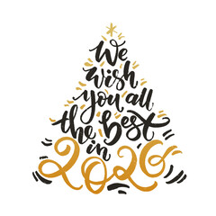 Christmas Greeting Card. We wish you all the best in 2026 lettering in a shape of Christmas tree. Classic lettering holiday season template.