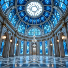 Grand ballroom interior with blue stained glass dome and marble floor with chandelier