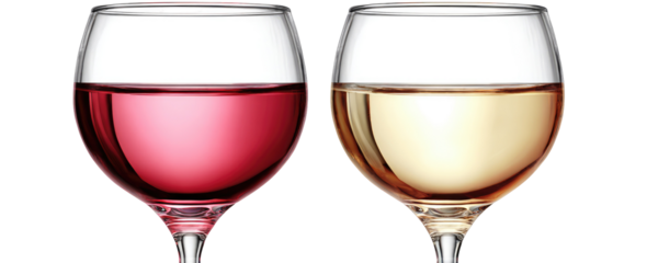 Two wine glasses, one filled with red wine, the other with white wine