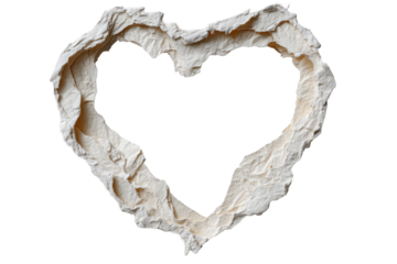 A heart-shaped outline, crafted from textured, off-white material. The material appears crumpled or folded, creating a  3D effect around a void in the center