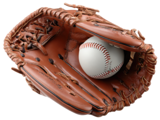 Baseball glove holding a ball.  A brown leather baseball glove, with intricate lacing, cradles a white baseball.  High-quality craftsmanship is apparent