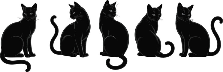 Flat vector illustration of five black cats sitting and looking sideways, curled tails, whiskers visible, elegant feline, isolated on white background