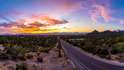 A scenic highway winds through a desert landscape at sunset, showcasing vibrant colors and a tranquil vista.