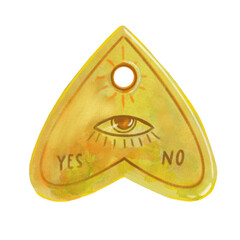 Magic golden Ouija board planchet with eye center yes and no for communicating with spirits. Watercolor isolated illustration. For vintage and retro antiques, tarot collection designs and clip art