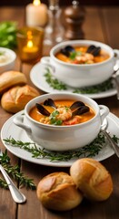 Two bowls of seafood soup with mussels and shrimp garnished with parsley and rosemary served with bread rolls