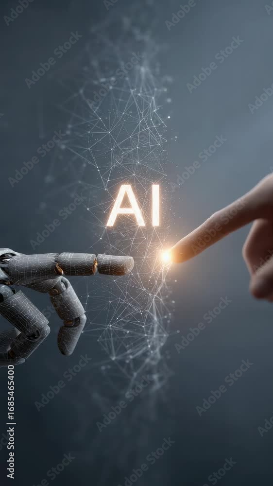 Poster robotic and human hands slowly drawing near, fingertips connecting and creating luminous neural netw