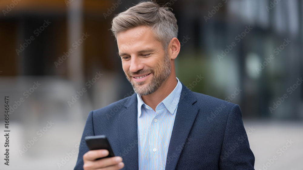 Poster a satisfied professional reading text messages on a phone while standing outside formal attire with 