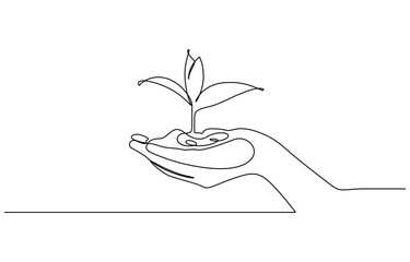 Continuous one line drawing of Grow tree in hands  vector illustration. Editable outline
