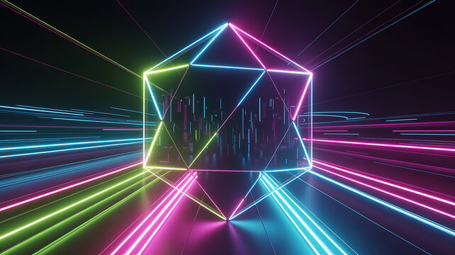 A futuristic, neon geometric shape hovers over a dark, gridded surface with vibrant light trails. - Powered by Adobe