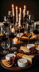 Table setting with wine glasses cheese boards and lit candles creating an intimate atmosphere