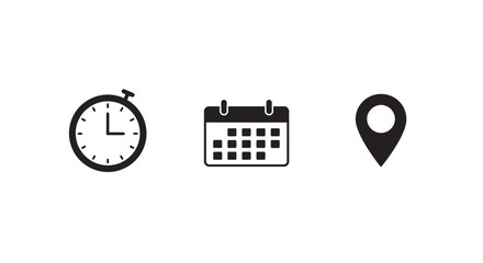 Simple black icons representing time clock calendar and location pin on a white background