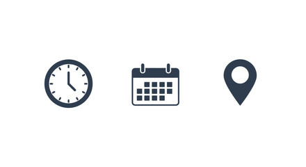 Simple flat icons representing time clock calendar and location pin on a white background