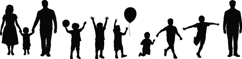 Flat vector illustration of happy family with children playing, holding hands, balloon, joy, togetherness, celebration, active kids, love, outdoor fun