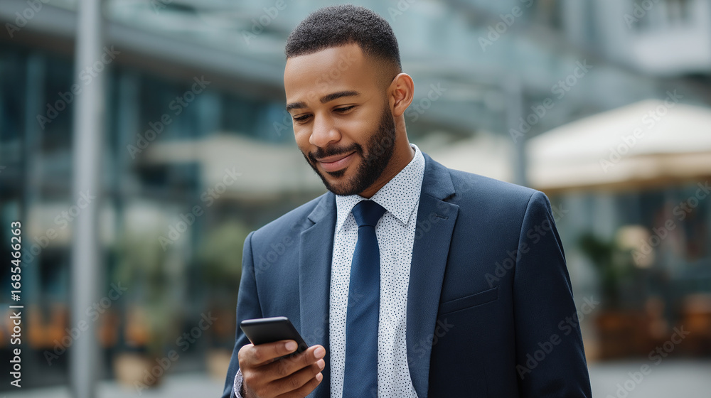 Poster a satisfied professional reading text messages on a phone while standing outside formal attire with 