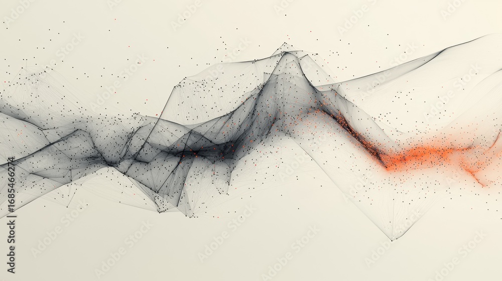Poster abstract digital artwork featuring flowing lines and dispersed particles on a light background