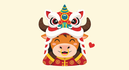 Naklejka premium Adorable ox character celebrating lunar new year festival with festive dragon dance costume and traditional red clothing emblematic of auspicious occasions