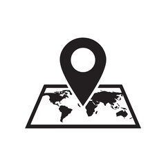 Black and White World Map with Location Pin Icon