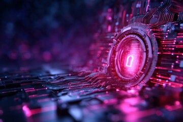A futuristic digital lock symbol surrounded by vibrant circuits, representing cybersecurity and advanced technology in a neon-lit environment.