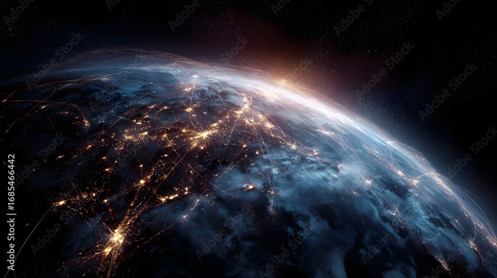 Poster stunning view of earth from space at night showcasing a vibrant global network of illuminated cities