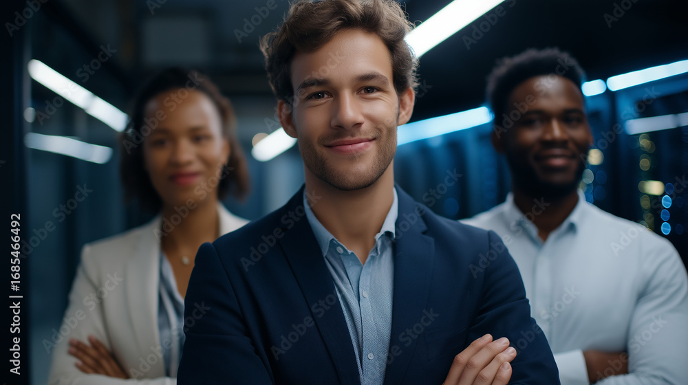 Poster a proud team of technicians posing in a server room arms crossed with confident expressions glowing 