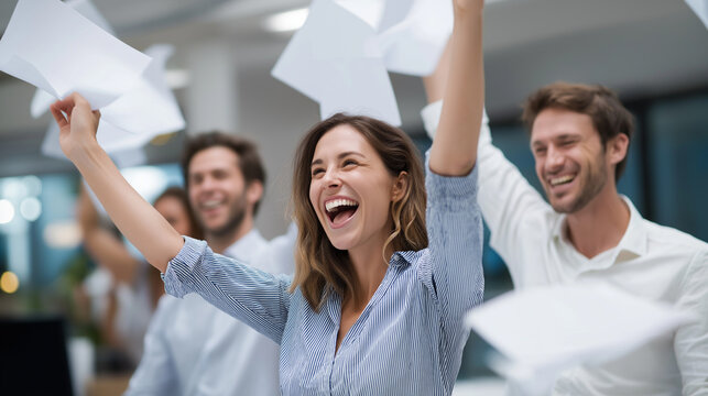 An ecstatic business team celebrating a successful project in an office throwing papers in the air laughing with energy bright modern d&eacute;cor enhancing joy atmosphere symbolizing