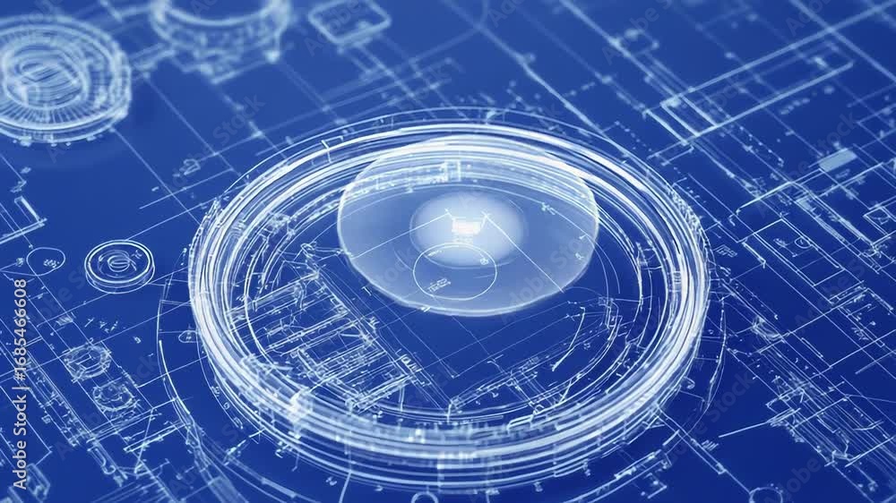 Poster futuristic blueprint showing rotating architectural design on blue background