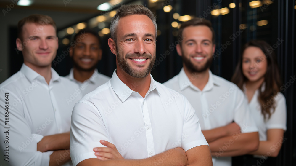 Poster a proud team of technicians posing in a server room arms crossed with confident expressions glowing 