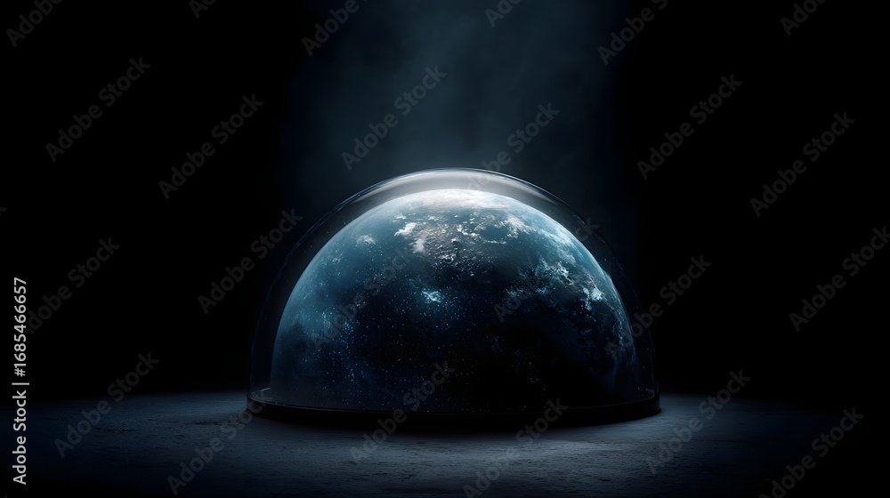 Poster planet earth is encapsulated within a glowing protective glass dome set against a dark atmospheric b