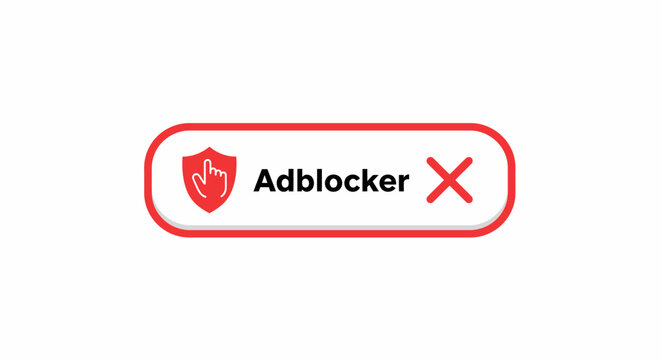 Digital security shield with adblocker text and a red cross symbol indicating protection from online advertisements