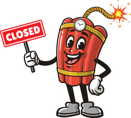 TNT Dynamite mascot cartoon holding a closed sign