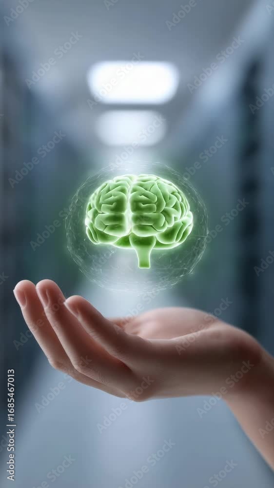Poster green glowing brain symbolizing advanced ai data processing amid high tech server infrastructure, re